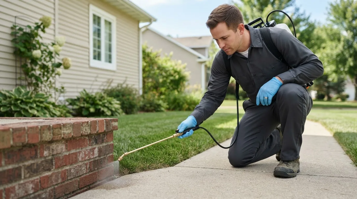 Pest control technician treating a home near Hillsboro, TX