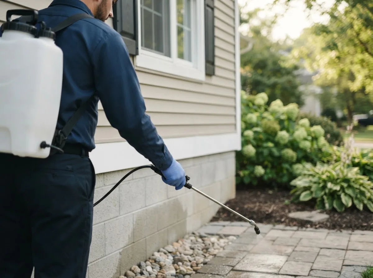 Pest control technician inspecting a home in Hillsboro, TX